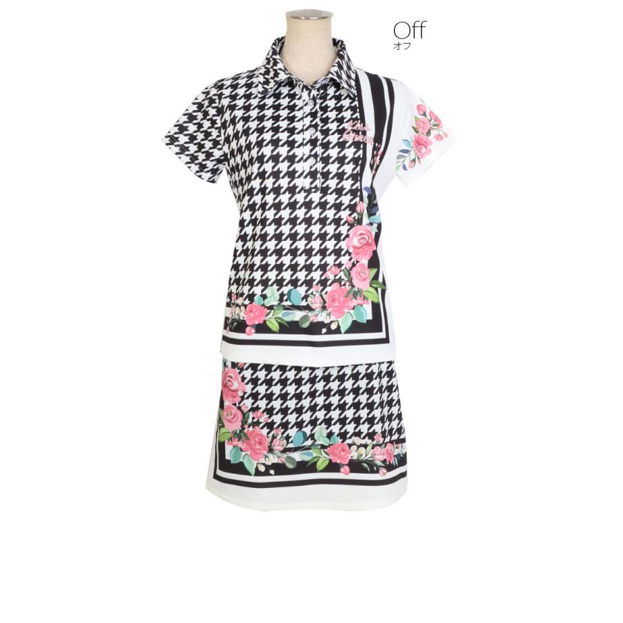KISS ON THE GREEN 千鳥格子×フラワー柄ポロシャツ＆スカート上下