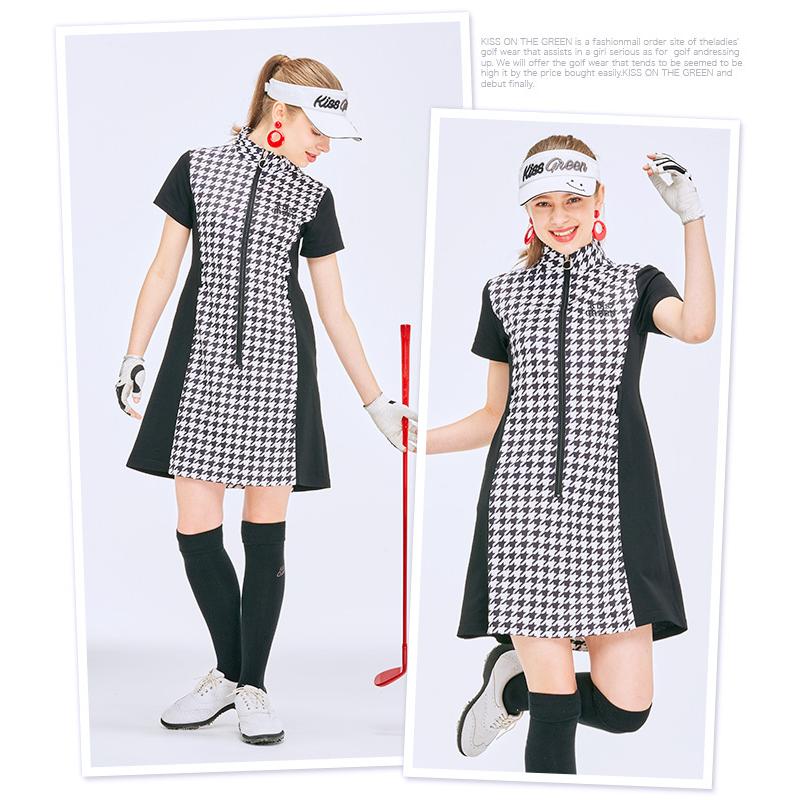 直輸入品激安 ゴルフ ワンピース 半袖 モノトーン 千鳥 ワンピ 千鳥格子柄シェーディングワンピース ジップアップワンピース シェーディングデザイン おしゃれ 再入荷 予約販売