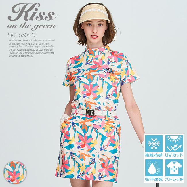 フラワープリントモックネック スカート上下セット ワンピ セットアップ コーデ ワンピース スポーツ ワンピース ワンピ ゴルフ女子 スカートはインナーパンツ一体型 キスオンザグリーン