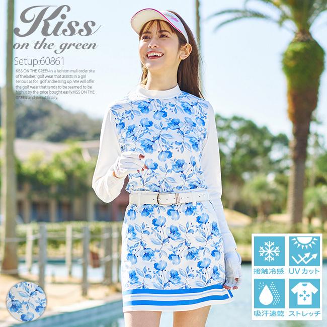 フラワープリント長袖トップス スカート上下セット セットアップ フラワープリント長袖トップス スカート上下セット コーデ ワンピース キスオンザグリーン スカートはインナーパンツ一体型 ゴルフ女子 ワンピース コーデ ワンピ