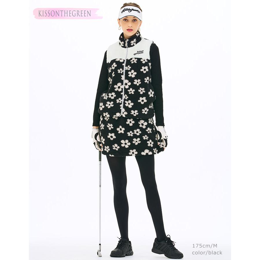 モノトーン花柄ボアベスト＆スカート上下セット / ゴルフウェア
