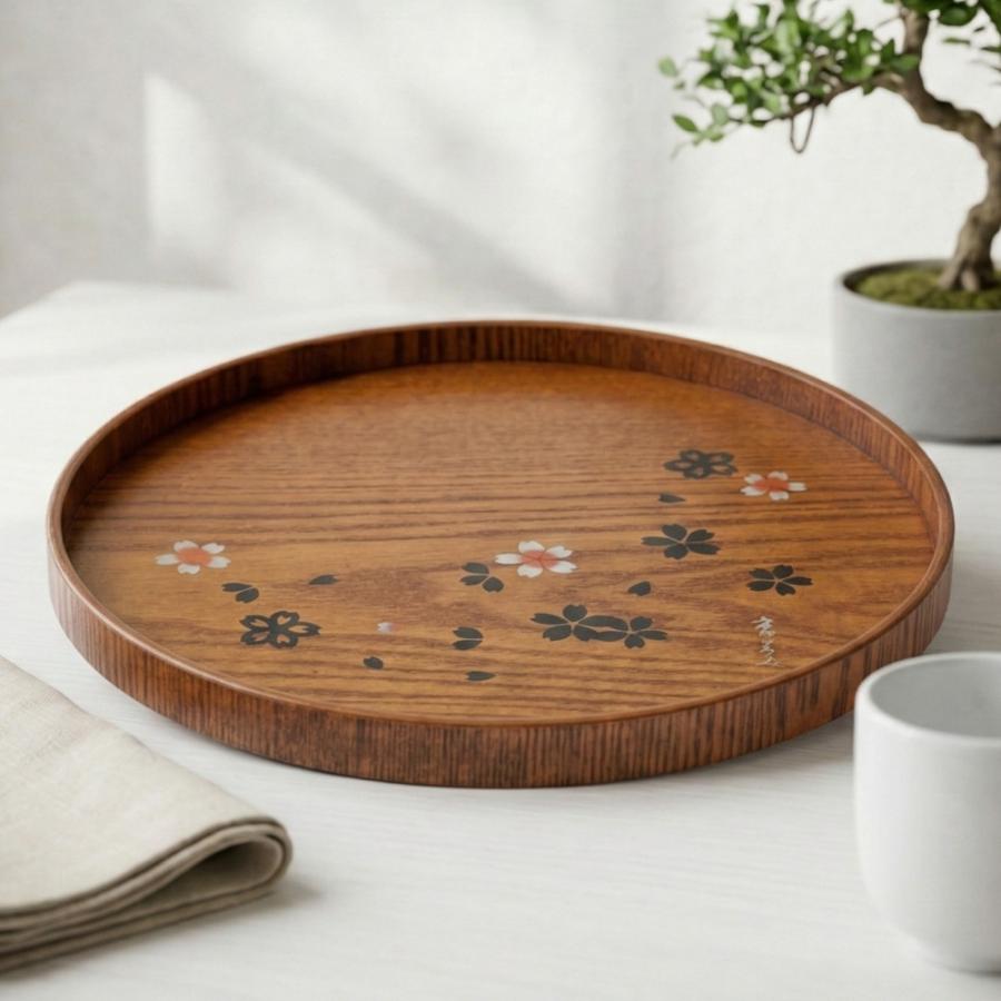お盆 トレー 木製 丸盆 桜物語 漆塗り 30cm おしゃれ 可愛い カフェ お