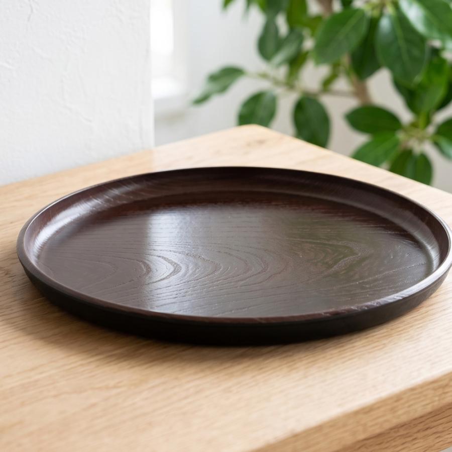 お盆 トレー すべらない 丸盆 木目彫り ダークブラウン 30cm 日本製 丸