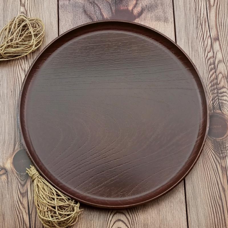 お盆 トレー 滑らない 丸盆 木目彫り ダークブラウン 30cm 滑り止め