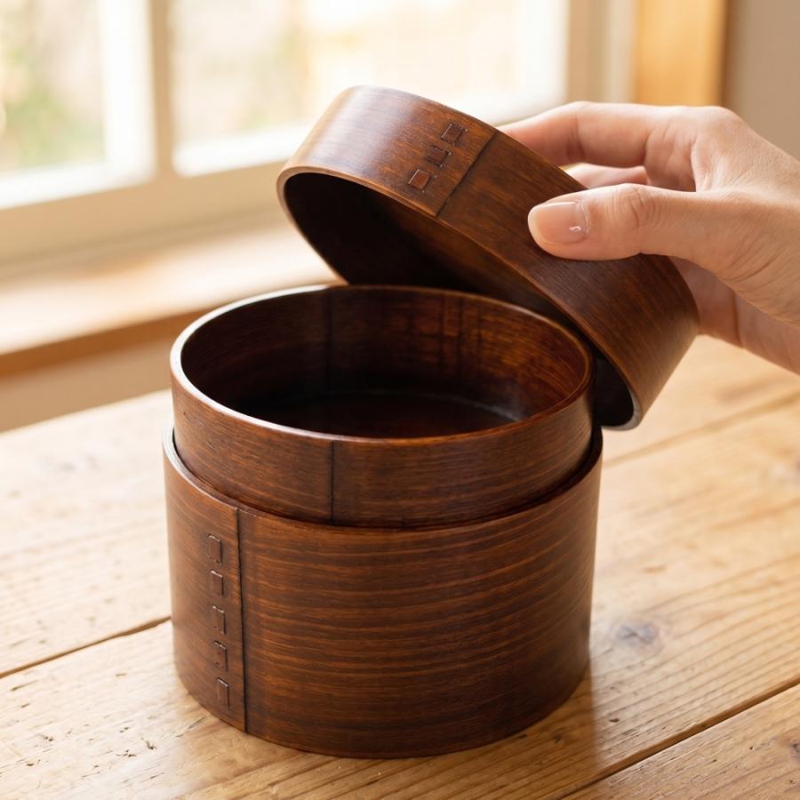 曲げわっぱ 弁当箱 2段 おひつ風 漆塗り バンド付 700ml まげわっぱ 二