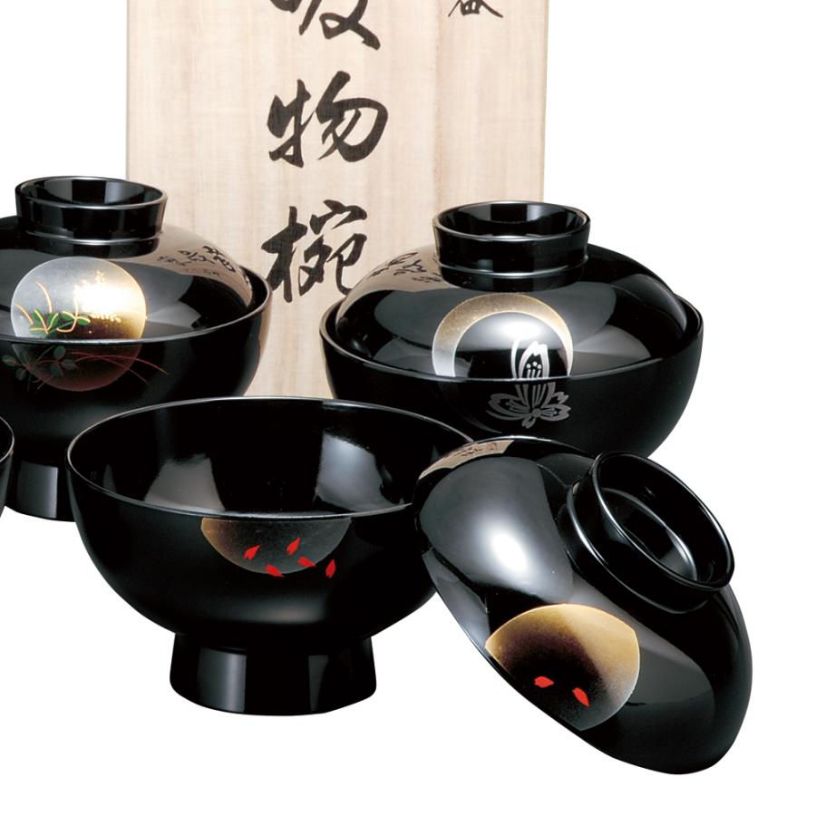 お椀 汁椀 吸物椀 黒 小夜 5客セット 木箱入 おしゃれ おわん 味噌汁 かわいい 食器 日本製 漆器 ギフト_2