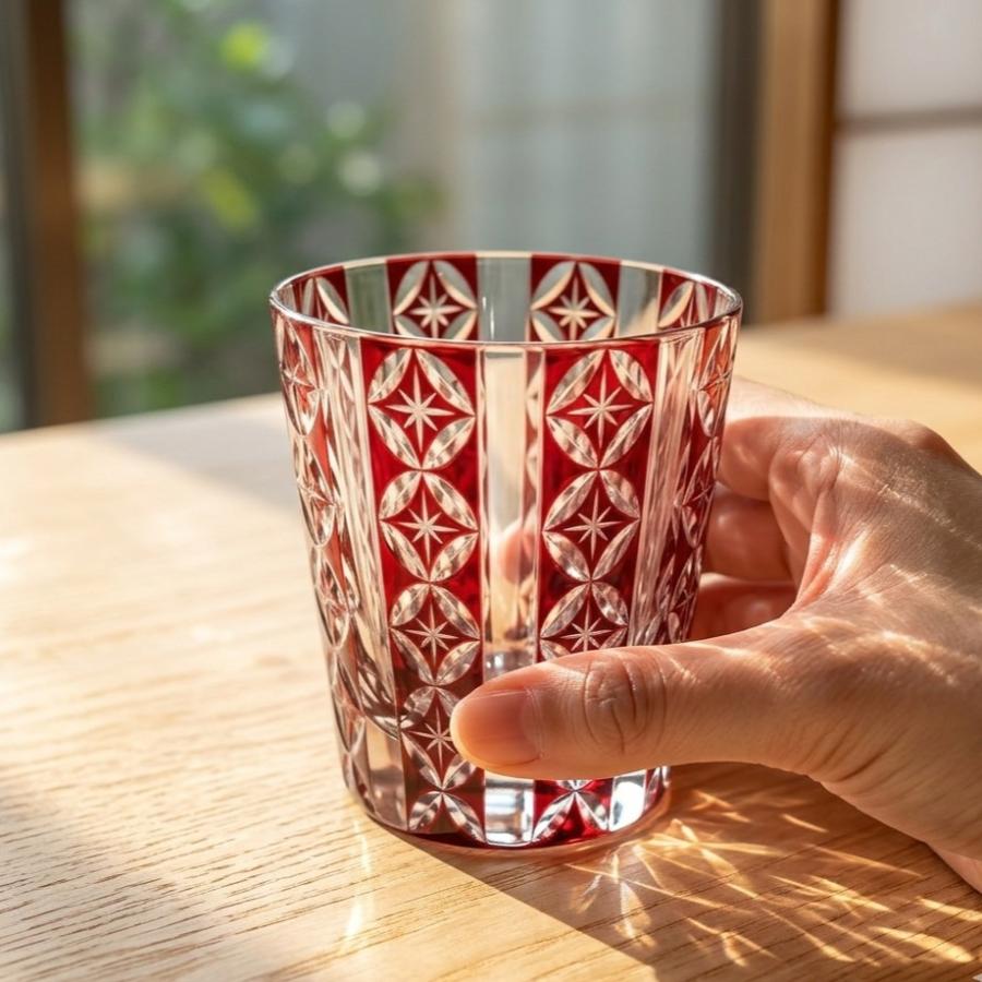 切子 オールドグラス 食洗機対応 星七宝 レッド 220cc 切子グラス