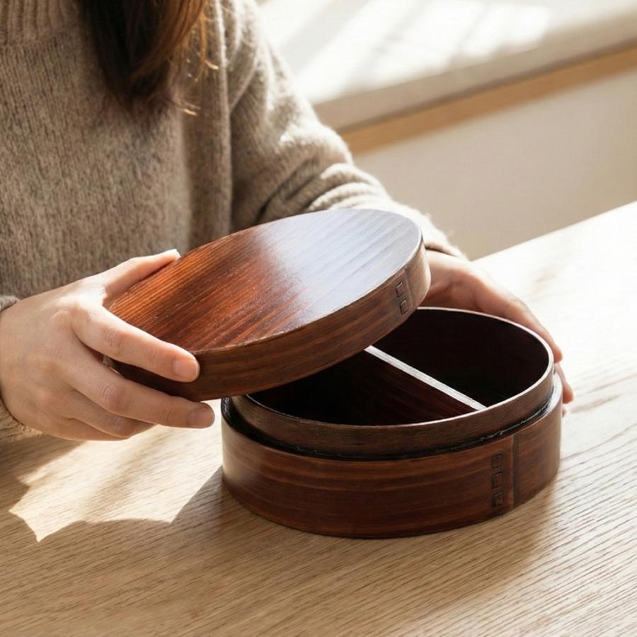 希少！直径30cm 特大曲げわっぱ 楕円形 仕切り付き 小物入れにも 漆 弁当 曲げわっぱ 弁当箱 楕円型 ミニ 漆塗り バンド付 350ml まげわっぱ