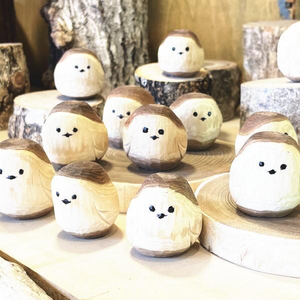 木彫り シマエナガ 置物 槐（えんじゅ）の木製 北海道 阿寒湖 きぼり