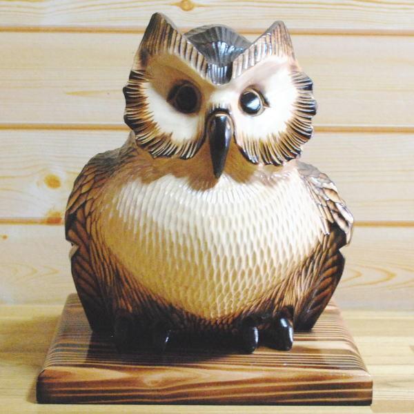 木彫りのふくろうの置物 焼 フクロウ 8号 置台付き きぼり 木製