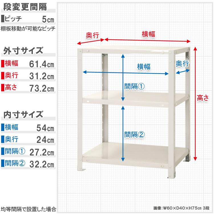 キタジマ スチールラック 幅60 奥行30 高さ75cm 3段 スチール棚 業務用