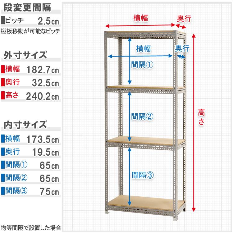 スチールラック 幅180 奥行30 高さ240cm 4段 スチール棚 業務用 収納 ボード棚 グレー 200kg/段の画像