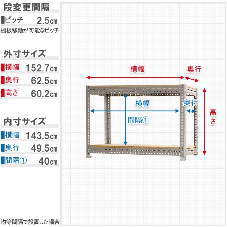 スチールラック 幅150 奥行60 高さ60cm 2段 スチール棚 業務用 収納 ボード棚 フレームのみ グレー 250kg/段の画像