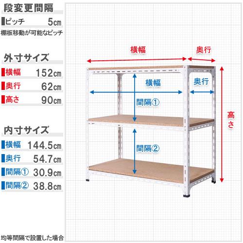 スチールラック　スチール棚　業務用　収納　アングル棚　フレームのみ　F2　幅150×奥行60×高さ90cm　3段　ホワイト・ブラック｜kitajimasteel｜11