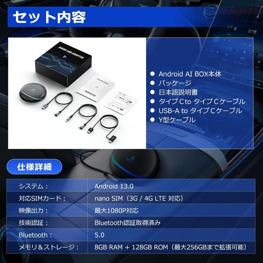 SUNVIC CarPlay AI Box Android13.0 GPS内蔵 カープレイ 2画面分割 SIM