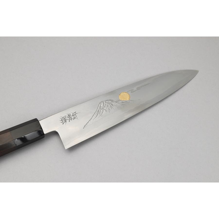 堺孝行 彫刻シリーズ 富士と夕焼 牛刀包丁 210mm 銀三鋼 黒檀柄 和包丁