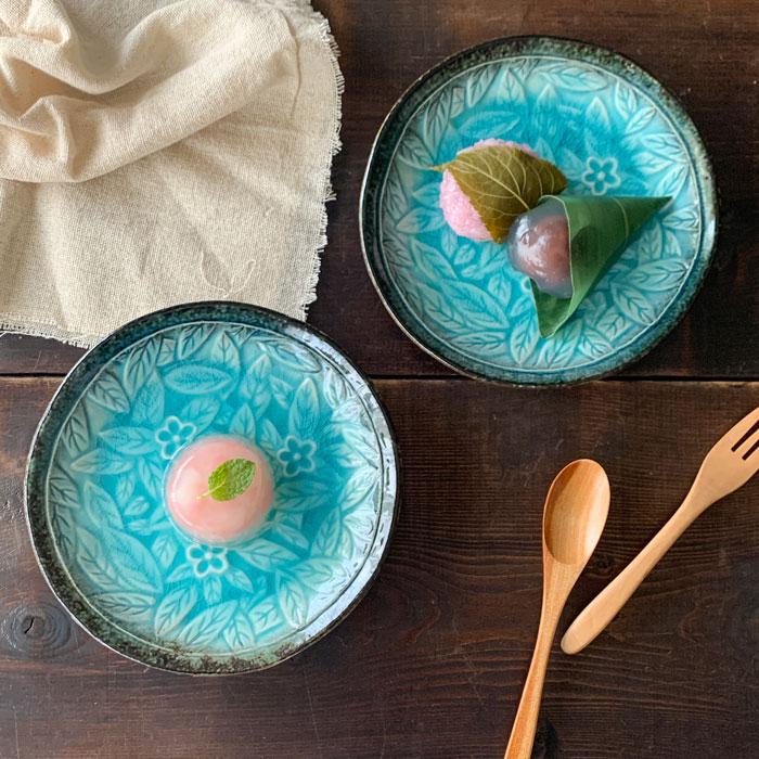 和食器 取り皿 おしゃれ リーフ 丸皿 均窯スカイ カフェ風 花柄