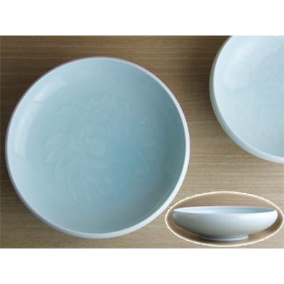 東海 快山窯 青白磁 牡丹彫 6.5 鉄鉢 19cm 箱入 手彫/高級 盛鉢/お菓子