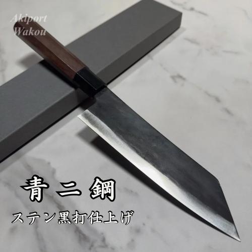 翁流 青ニ鋼 黒仕上げ 文化包丁 170mm 樫柄+仕上げの革　清助刃物 翁流 青ニ鋼 黒仕上げ 文化包丁 170mm 樫柄+仕上げの革 清助刃物