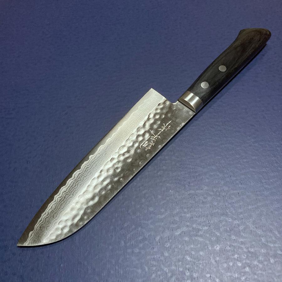 訓平作 三徳 包丁 170mm 刻流 槌目ダマスカス V金10号 黒合板柄 越前打