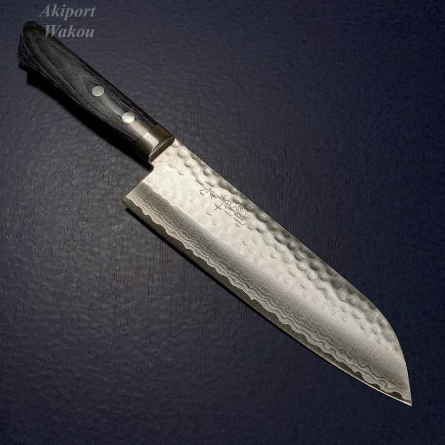 訓平作 三徳 包丁 170mm 刻流 槌目ダマスカス V金10号 紺柄 ギフト