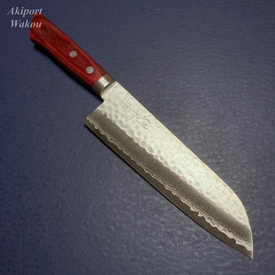 訓平作 三徳 包丁 170mm 刻流 槌目ダマスカス V金10号 赤合板柄