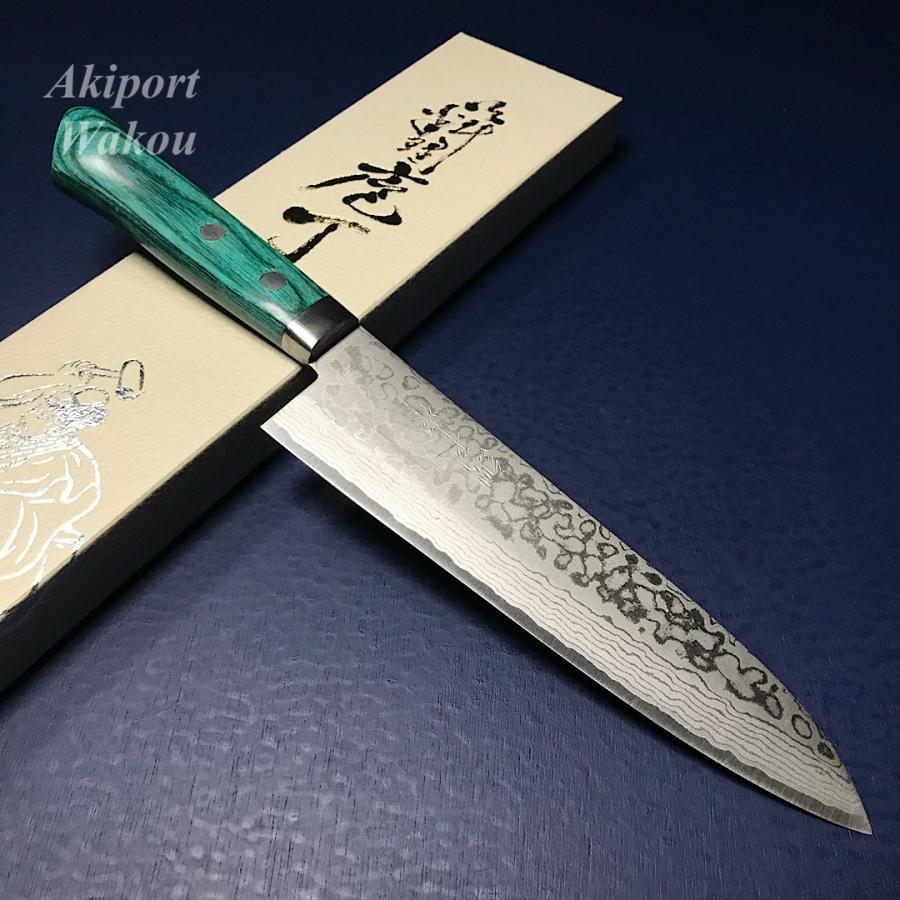 訓平作　牛刀　包丁　180mm   彩流　積層ダマスカス  V金10号　緑柄　ギフト　越前打刃物　増谷刃物　よく切れる