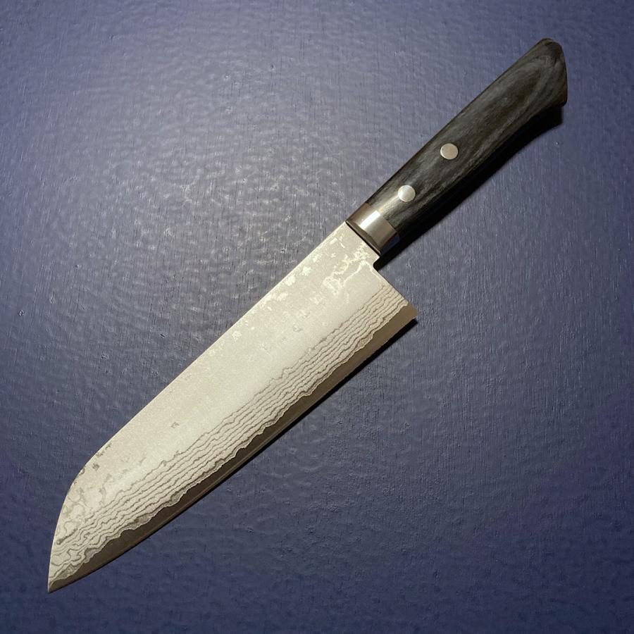 完全未使用品 「訓平作」 V金10号 ダマスカス鋼 三徳包丁 訓平作 三徳 包丁 170mm 彩流 積層ダマスカス V金10号 黒柄 よく