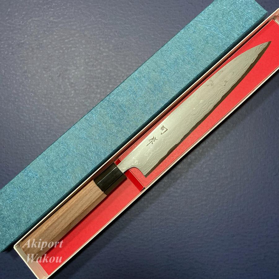刺身包丁（未使用）白一　尺一　レッドウッド 司作 忠義鍛造 柳刃 刺身包丁 210mm 21cm 白紙一号 白一鋼 ダマスカス