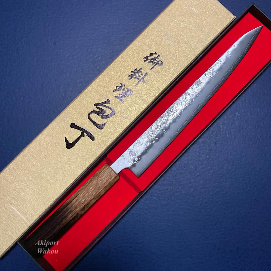 包丁 筋引 240mm 義弘作 銀三鋼 銀紙三号 梨地仕上げ 樫漆柄 山脇刃物