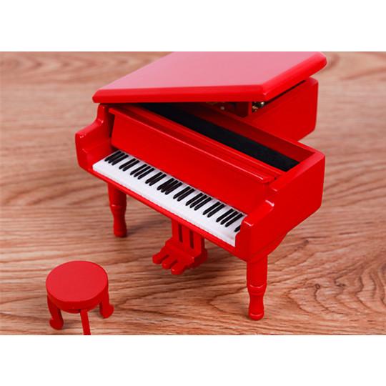 木製ミニアンティークグランドピアノ レッド オルゴール スツール付