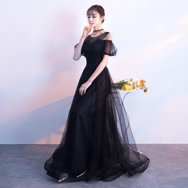 肩出し パーティードレス ロングドレス 編み上げ ブラック 演奏会