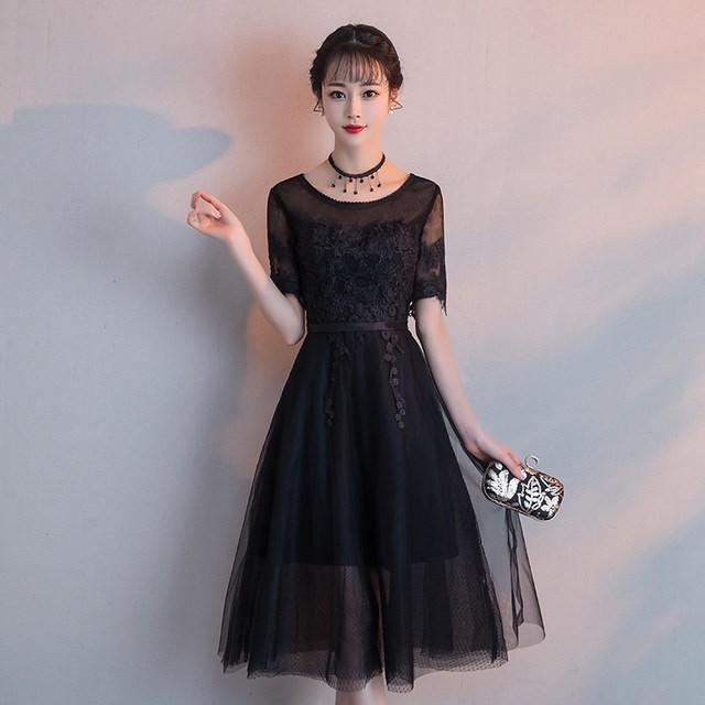 パーティードレス ミモレ丈ドレス ウエディングドレス Aライン 黒 ブラック レース 袖あり 半袖 結婚式 二次会 お呼ばれ 30代 40代 発表会 ドレス 演奏会 Kittyshop 通販 Yahoo ショッピング