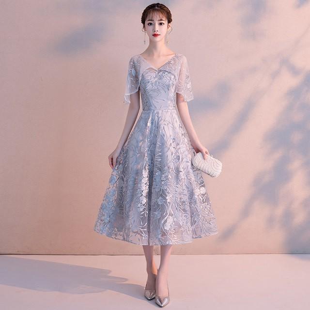 ミモレ丈ドレス レース Vネック Aライン パーティードレス 発表会ドレス 二次会 お呼ばれ 30代 40代 演奏会 袖あり 半袖 結婚式 Kittyshop 通販 Yahoo ショッピング