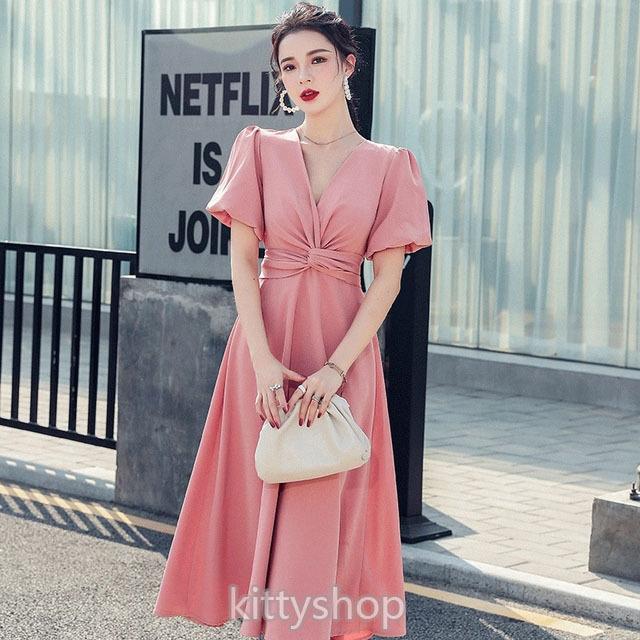 グリーン ワンピース 夏 結婚式ドレス ミモレ丈ワンピース ピンク パーティードレス 代 30代 パフスリーブ Aラインワンピース Vネック 二次会 お呼ばれ リボン Kittyshop 通販 Yahoo ショッピング