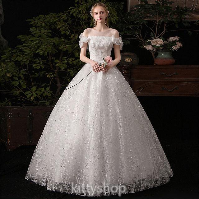 ウェディングドレス オフショルダー ホワイトドレス ボートネック