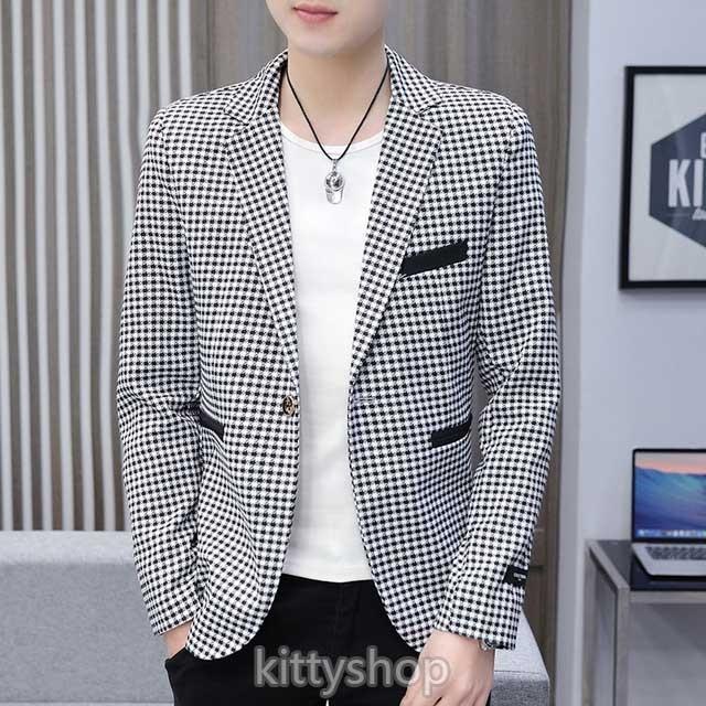 ジャケット メンズ 春 夏 チェック柄 テーラードジャケット ブレザー ブラック 細身 着痩せ ビジネス 黒 カーキ 30代 40代 賜物
