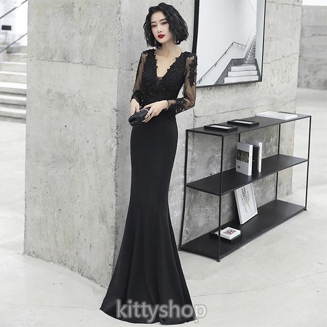 マーメイドドレス ネイビー 30代 40代 黒 イブニングドレス Vネック 長袖 ロングドレス 背開き セクシー ドレス ブラック ワイン赤 パーティー ドレス Kittyshop 通販 Yahoo ショッピング
