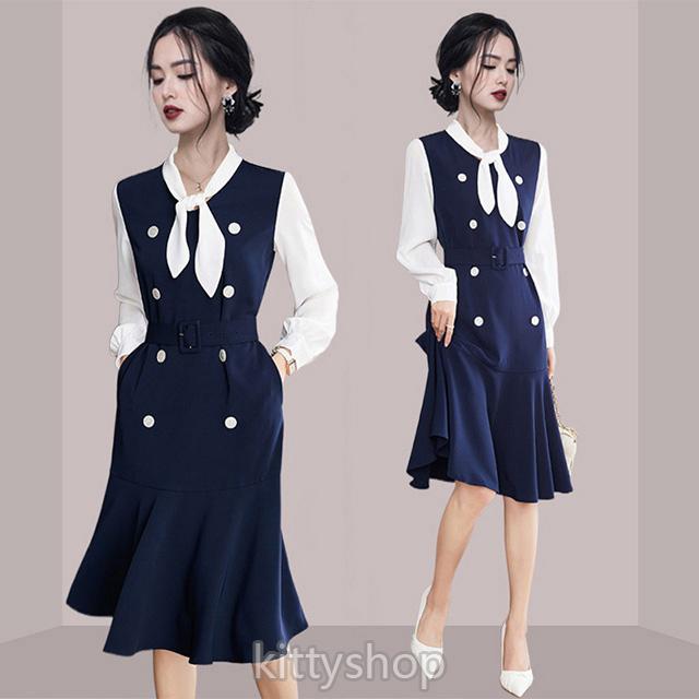 マーメイドワンピース ネイビー 長袖 春秋 新作 ロングワンピース パフスリーブ 紺色 ワンピース 通勤 Ol 韓国風 30代 40代 ミモレ丈 ワンピース 体型カバー Kittyshop 通販 Yahoo ショッピング