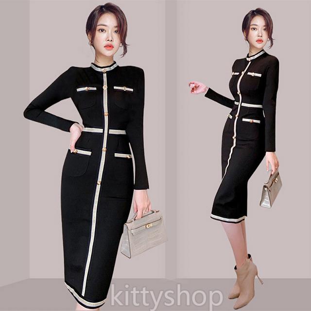 黒 韓国風ワンピース タイトドレス お嬢様 優雅 エレガント 30代 ロングワンピース 通勤 パーティー ワンピース ドレス タイトワンピース ミモレ丈 Kittyshop 通販 Yahoo ショッピング