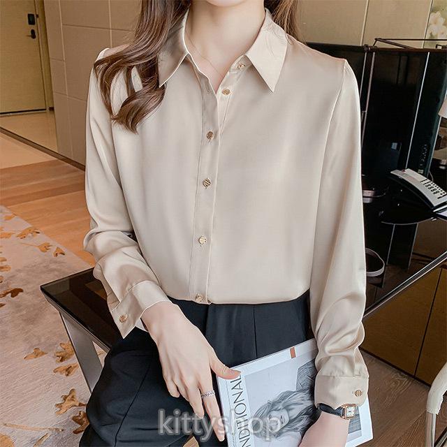 シャツ レディース 30代 春秋 通勤 Ol サテン ブラウス 長袖シャツ 40代 上品 大人 ベージュ ブラック シャツ フォーマル オフィス 長袖ブラウス トップス Kittyshop 通販 Yahoo ショッピング