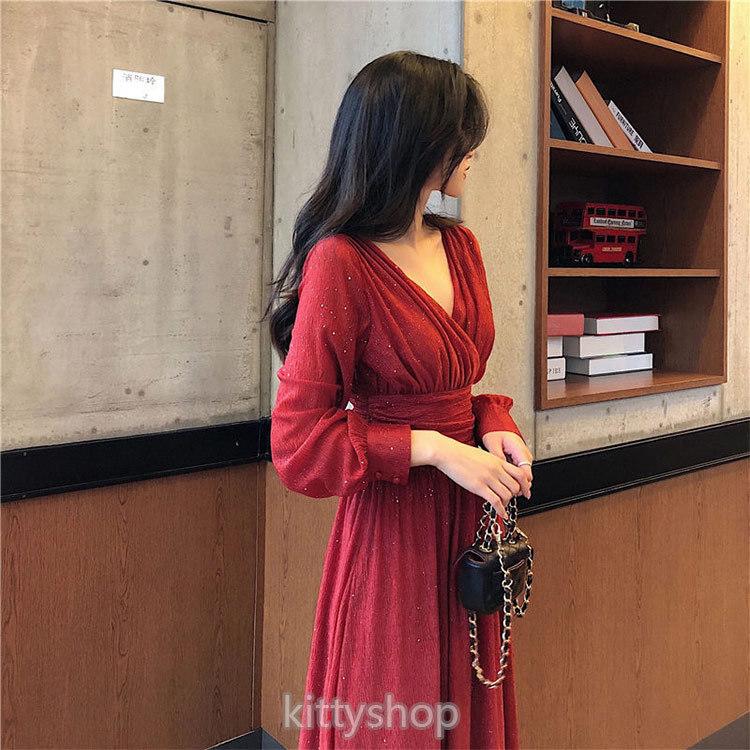 マキシ丈ワンピース ピンク 長袖 Vネック 代 ロングワンピース 春 秋 黒 Aラインワンピース パフスリーブ 無地 オシャレ 赤 ワンピース ロング丈 キラキラ Kittyshop 通販 Yahoo ショッピング