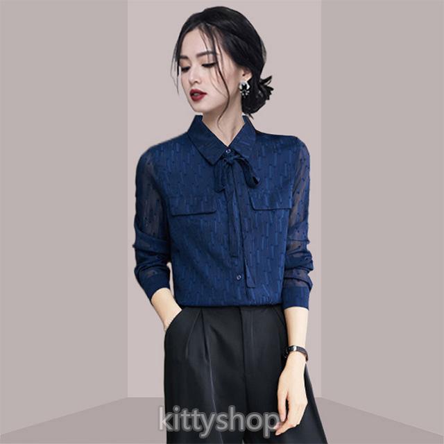 紺色 シャツ レディース 春 秋 新作 無地 長袖シャツ 30代 40代 通勤 Ol 優雅 エレガント 襟付き シャツ ネイビー ブラウス 結びつき リボン オシャレ キレイめ Kittyshop 通販 Yahoo ショッピング