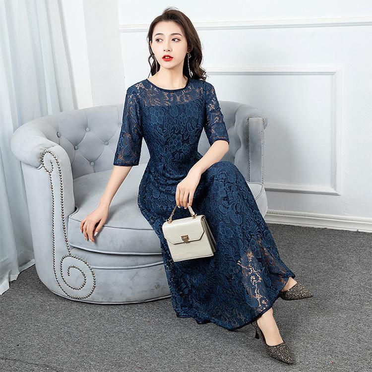 全8色 パーティードレス 黒 ブラック レースワンピース ロングドレス ネイビー 紺色 30代 40代 結婚式ドレス ワイン赤 袖あり 7分袖 二次会ドレス Kittyshop 通販 Yahoo ショッピング