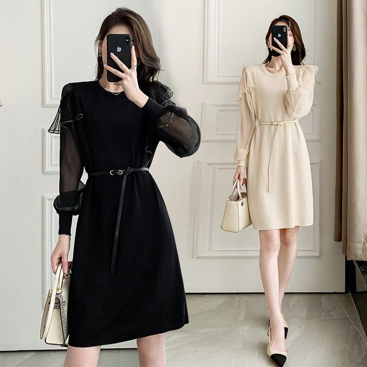 ニットワンピース ベージュ パフスリーブ シフォン袖 フレア フリル オシャレ 代 30代 通勤 デート お出かけ ニットワンピ ブラック 膝丈 ワンピース 秋 冬 Kittyshop 通販 Yahoo ショッピング