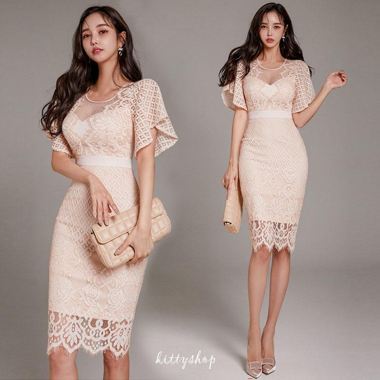 ピンク レースワンピース キャバドレス セクシーワンピース 総レース タイトワンピース 韓国風 ワンピース レースドレス 膝丈ワンピース 半袖 透かし彫り Kittyshop 通販 Yahoo ショッピング