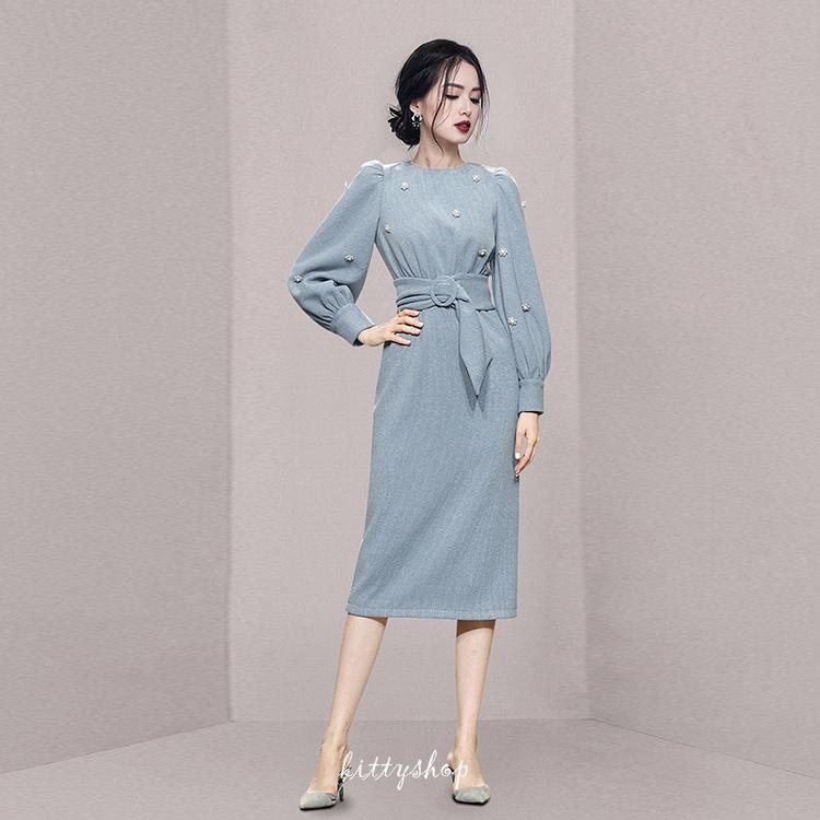 ロングワンピース ブルー 水色 韓国風ワンピース 結婚式 ワンピース パフスリーブ エレガント パール タイトワンピース ドレス 30代 40代 お呼ばれ Kittyshop 通販 Yahoo ショッピング