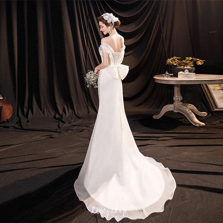 最新の激安ウェディングドレス オフショルダー マーメイドドレス 白