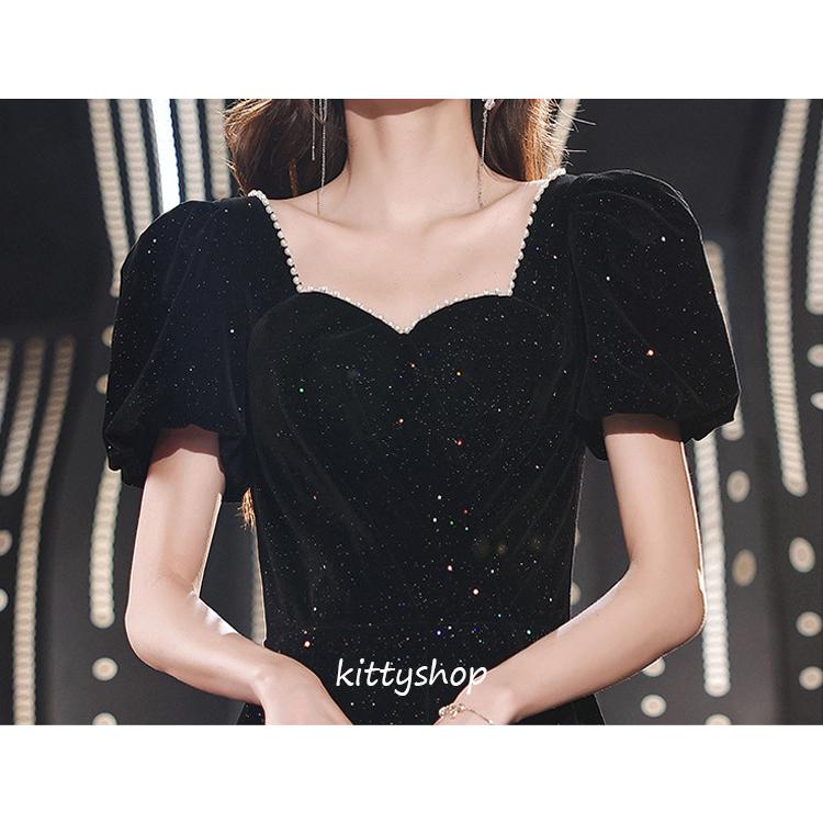 イブニングドレス 黒 ベロア ベルベット スパンコール キラキラドレス