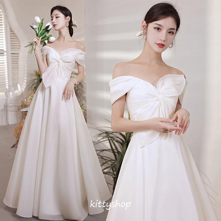 ウェディングドレス オフショルダー リボン 無地 サテン ロングドレス 白 ホワイトドレス 二次会ドレス 撮影 海外挙式 Vネック 結婚式ドレス 花嫁 ドレス Aライン Kittyshop 通販 Yahoo ショッピング